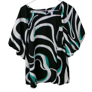 Nine West XL Abstract Swirl Print Kimono Sleeve Square Neck Blouse Teal
